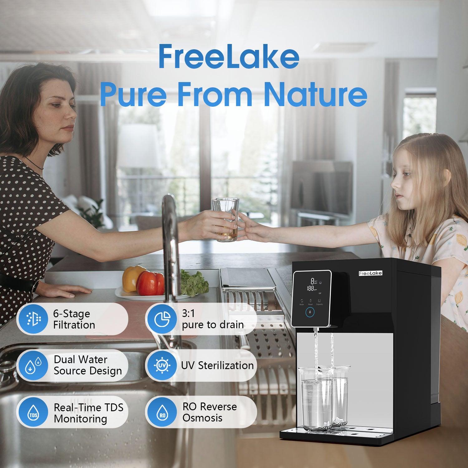 Freelake Countertop Water Filter, RO Reverse Osmosis Filtration System with Dual Water Sources - Tank Mode & Direct Pipe Connection