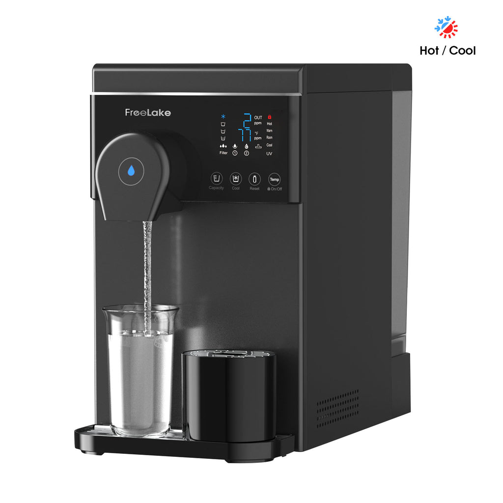 Freelake RO Countertop Water Filter with Dual Water Sources - Compressor Cooling System & 4 Temperature Settings , Direct Pipe/Tank Mode - Easy-Install Kitchen Water Purification