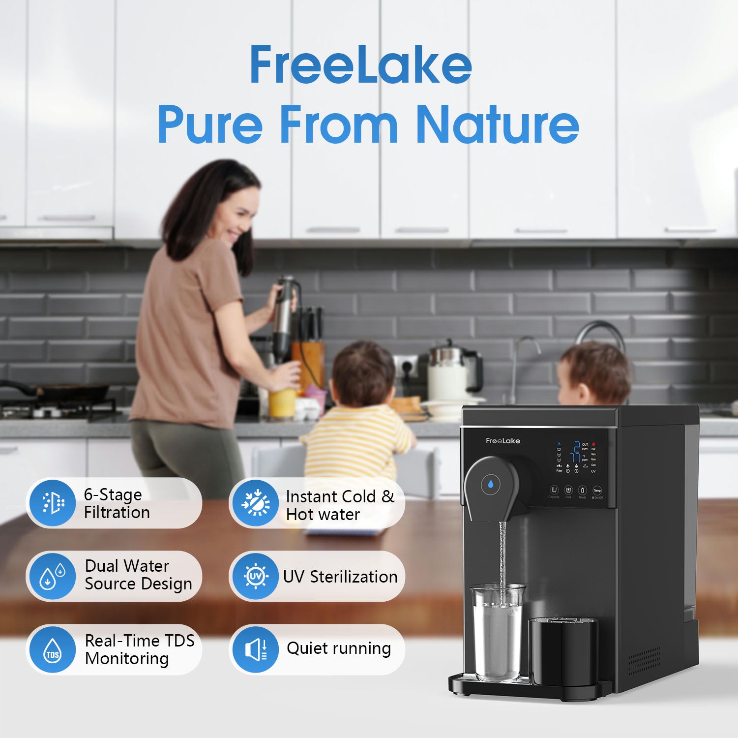 Freelake RO Countertop Water Filter with Dual Water Sources - Compressor Cooling System & 4 Temperature Settings , Direct Pipe/Tank Mode - Easy-Install Kitchen Water Purification