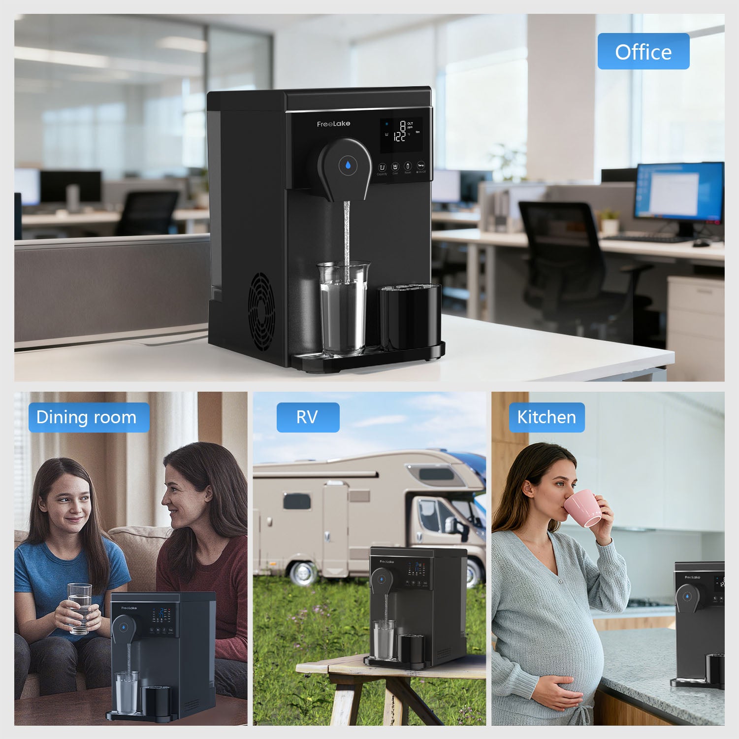 Freelake RO Countertop Water Filter with Dual Water Sources - Compressor Cooling System & 4 Temperature Settings , Direct Pipe/Tank Mode - Easy-Install Kitchen Water Purification