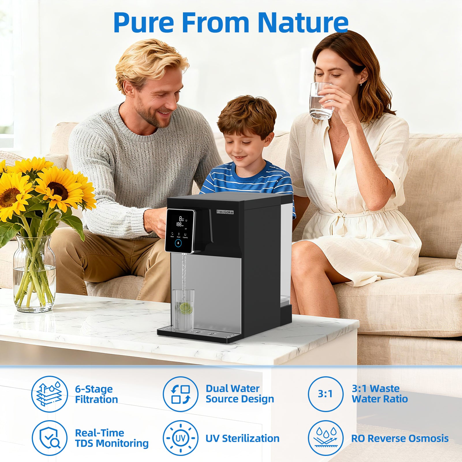 Freelake Reverse Osmosis Water Filter  Countertop  ,6 Stage RO Water Filtration System , UV and  Dual Water Sources，NSF/ANSI 58 Certified,Reduce TDS Lead,3: 1 Pure to Drain