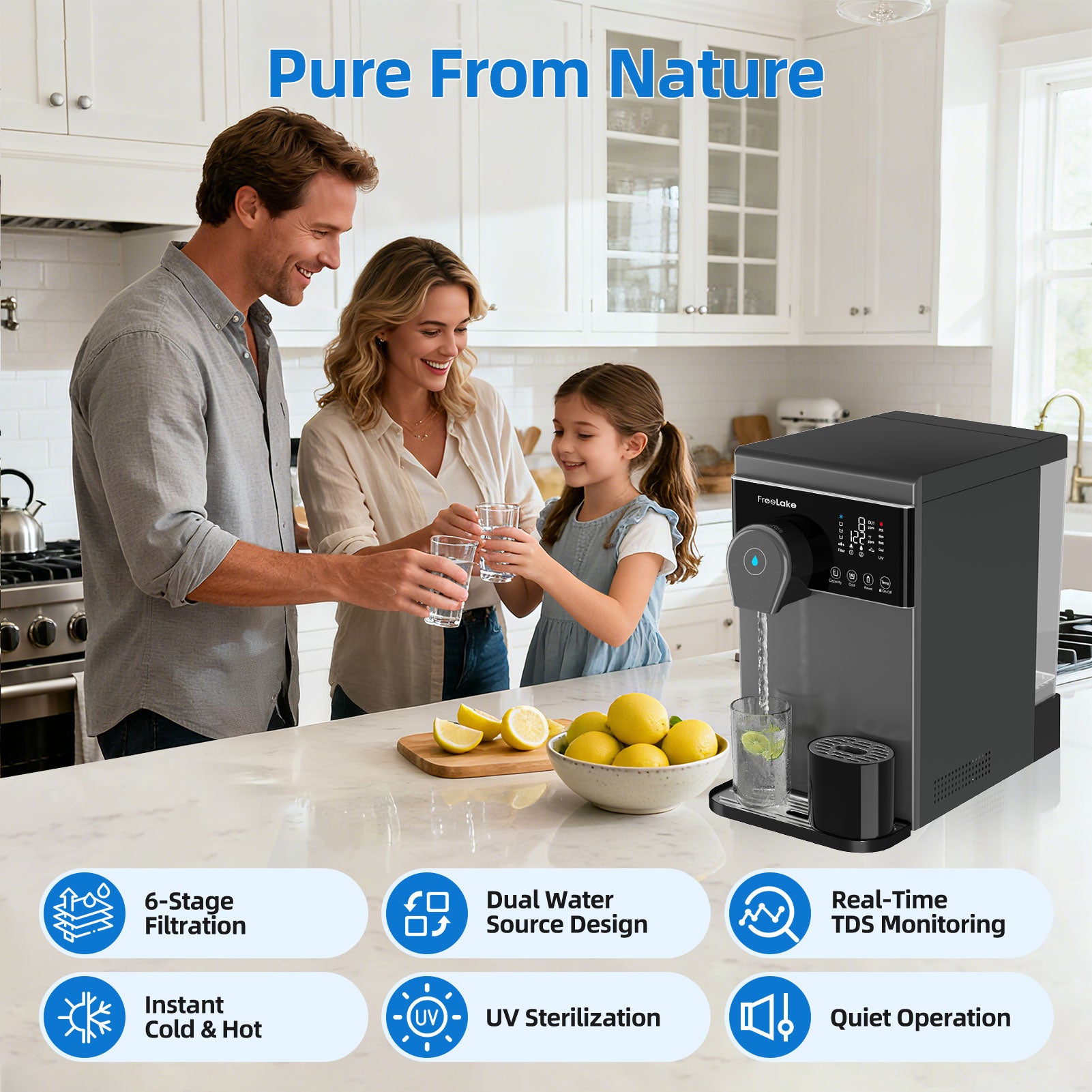 Freelake Countertop Reverse Osmosis Water Filter, Hot and Cold Water RO System 6 Stage Filtration with UV Light, Dual Water Sources, 4 Temperature Options NSF/ANSI 58 Certified,TDS Monitor