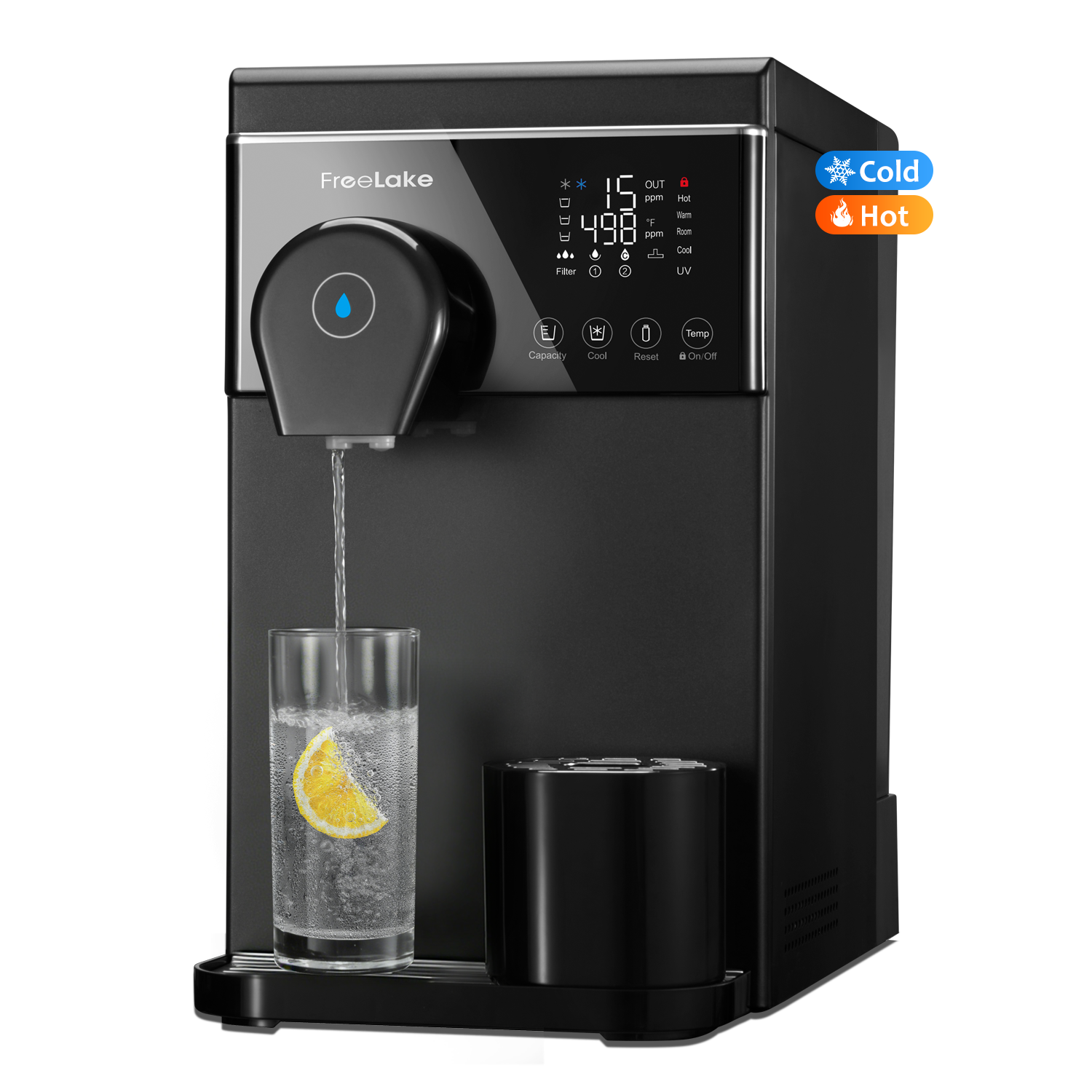 FreeLake Hot and Cold Reverse Osmosis Water Filter Countertop, Compressor Cooling, Metal Body, 6-Stage RO with UV, Smart TDS Monitor, Dual Water Source, No Installation Home Water Purifier