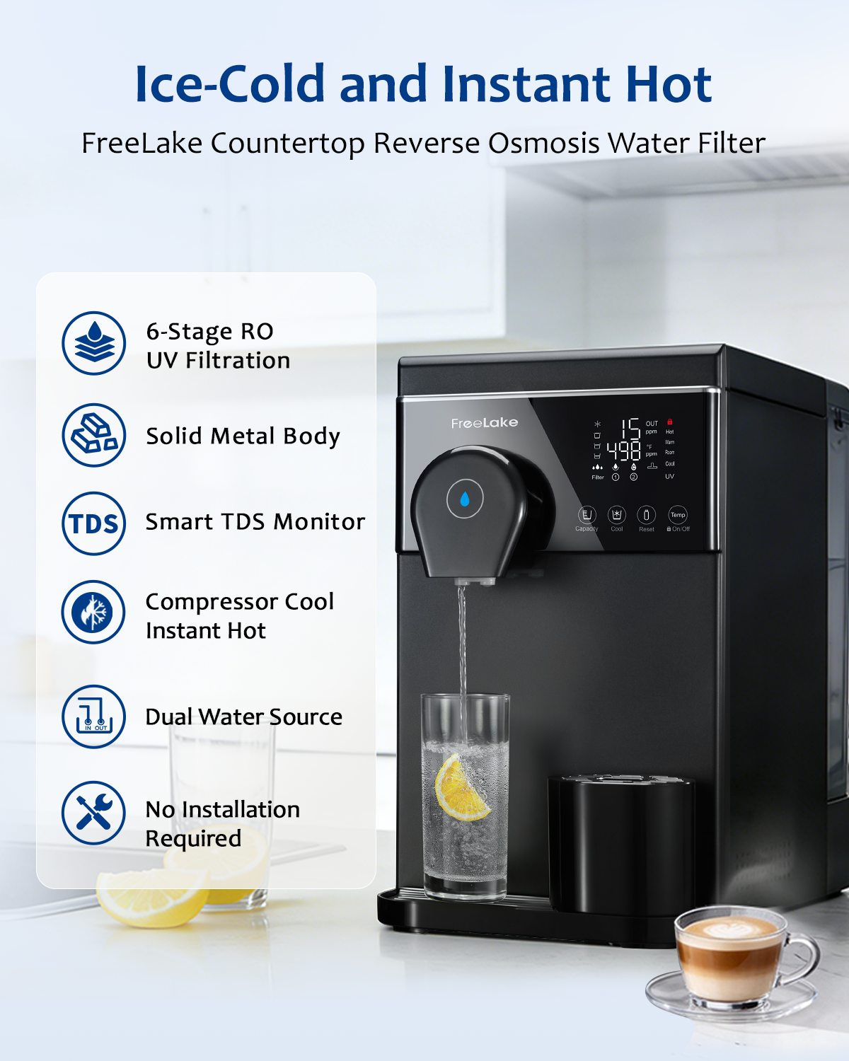 FreeLake Hot and Cold Reverse Osmosis Water Filter Countertop, Compressor Cooling, Metal Body, 6-Stage RO with UV, Smart TDS Monitor, Dual Water Source, No Installation Home Water Purifier