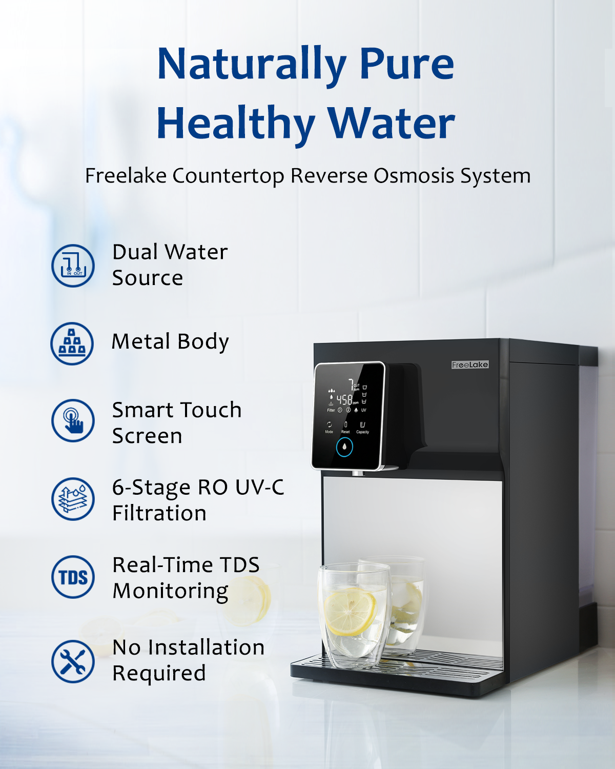 FreeLake Reverse Osmosis Water Filter Countertop, 6-Stage RO System with UV, Dual Water Sources, Metal Body, 3:1 Pure to Drain, Smart TDS Monitor, Portable No Installation Water Purifier for Home